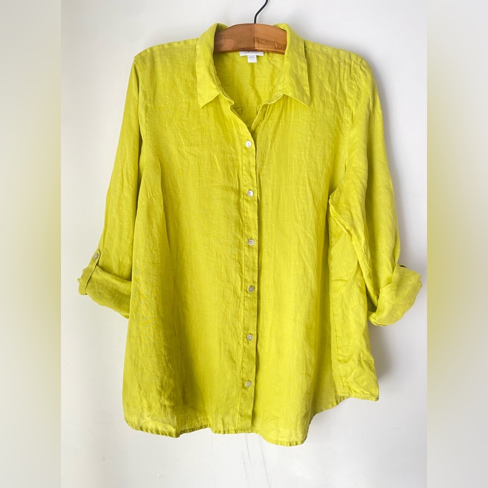 J.Jill Top Women’s Large 100% Linen Love Linen Lime Green Button-Up Blouse